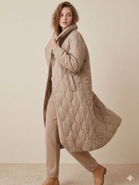 BSL BEIGE QUILTED LONG COAT WOMEN XS | LIGHTWEIGHT PADDED MIDI JACKET MINIMALIST